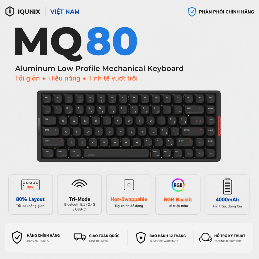 Bàn Phím Cơ IQUNIX MQ80 Low Profile 80% | Full Nhôm CNC | Không Dây 3 Mode | VIA | Hàng Chính Hãng
