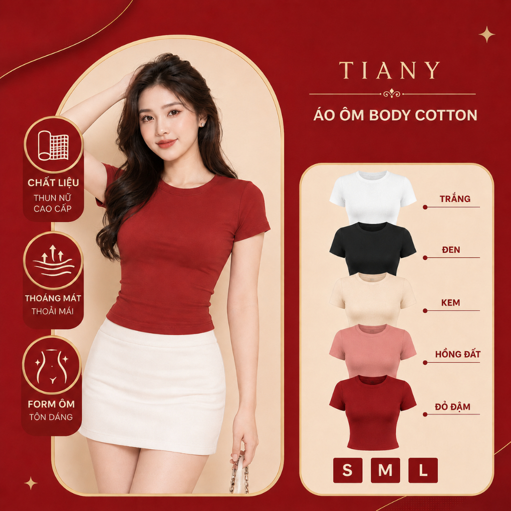 Tiany Áo Thun Nữ Ôm Body Cổ Tròn Tay Ngắn, Cotton Mịn Co Giãn 4 Chiều, Mềm Mại Thoáng Khí