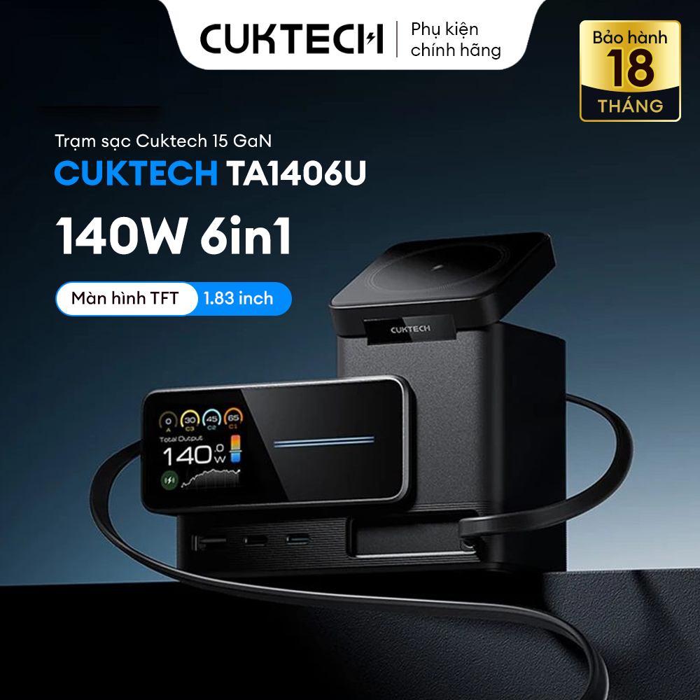 Trạm Sạc Để Bàn Cuktech 15 TA1406U 140W - 6 in 1 Có Màn Hình, Cáp Rút, Sạc Không Dây - Chính Hãng