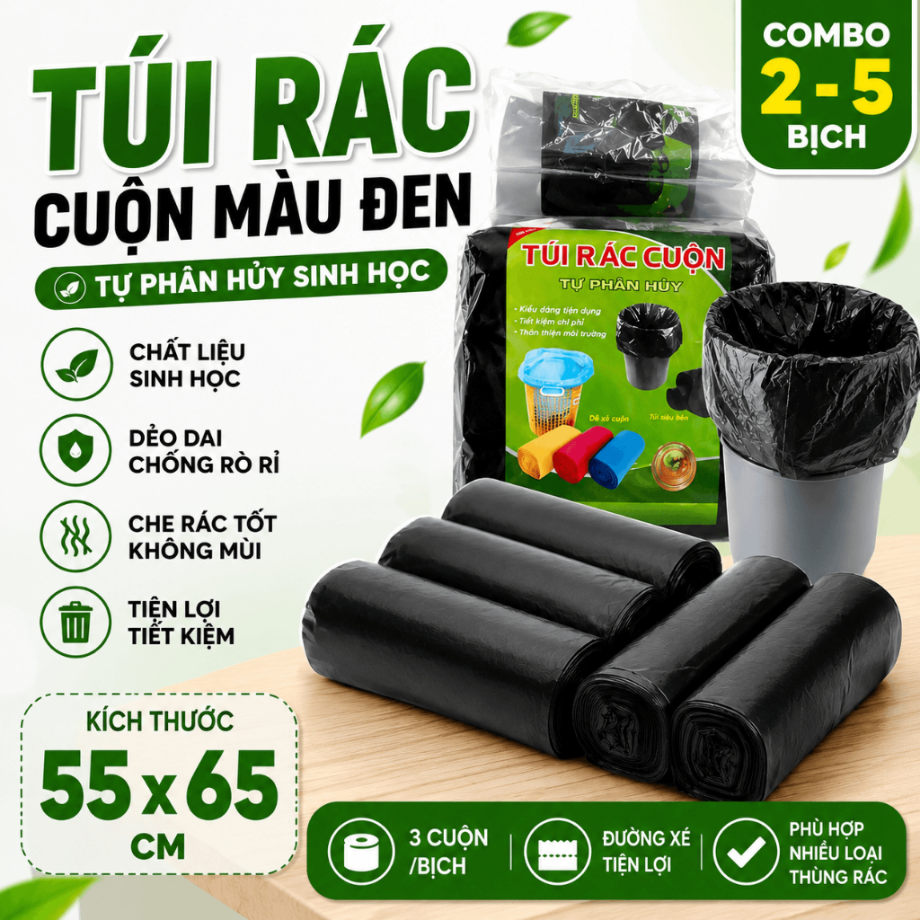 Combo 2 - 5 Bịch Túi Đựng Rác Phân Hủy Sinh Học 55x65cm Màu Đen, 3 Cuộn/Bịch, Dẻo Dai