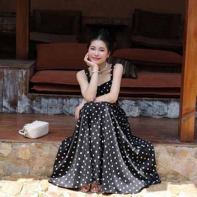 Đầm thiết kế chấm bi cổ vuông dáng dài sang trọng thời trang Callene (L2645)