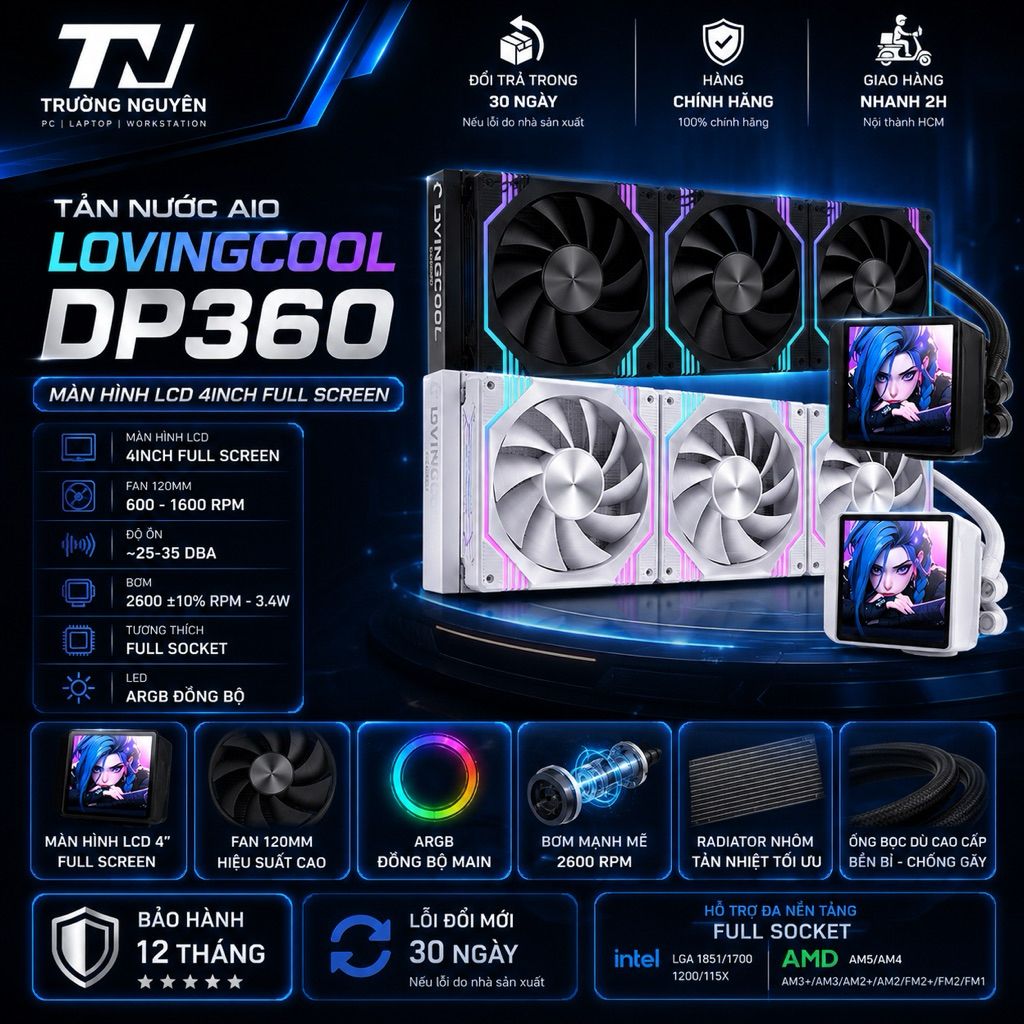 Tản Nước AIO LOVINGCOOL DP360 LCD 4" Full Screen ARGB | Full Socket Intel & AMD  | Bơm 2600RPM | Bảo
