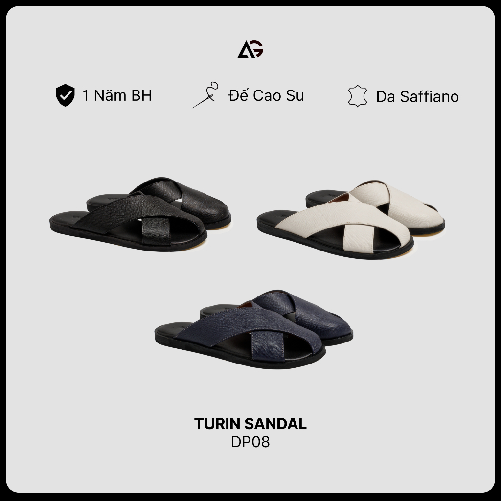 Dép Nam Quai Chéo Hở Mũi Da Saffiano Turin Saldals Đế Cao Su Nguyên Khối Chống Trượt Cao Cấp August 