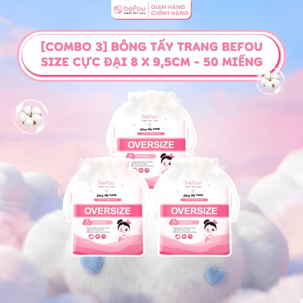 [COMBO 3] Bông Tẩy Trang Befou Size Cực Đại 8 x 9,5cm 50 Miếng - Chất liệu Cotton tự nhiên, an toàn, lành tính