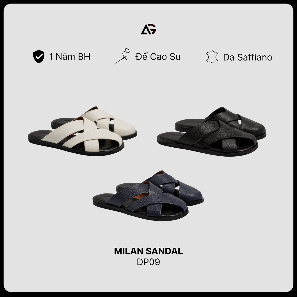 Dép Da Nam Quai Đan Chéo Hở Mũi Milan Sandals Vân Saffiano Đế Cao Su Đế Bằng Cao Cấp August Shoes DP