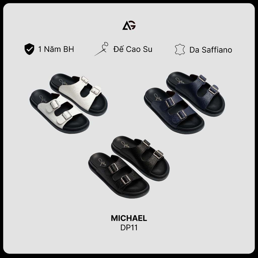Dép Da Sandal Nam Nữ Cao Cấp Michael Sandals Vân Saffiano Quai Ngang Đế Cao Su Chống Trượt August Sh