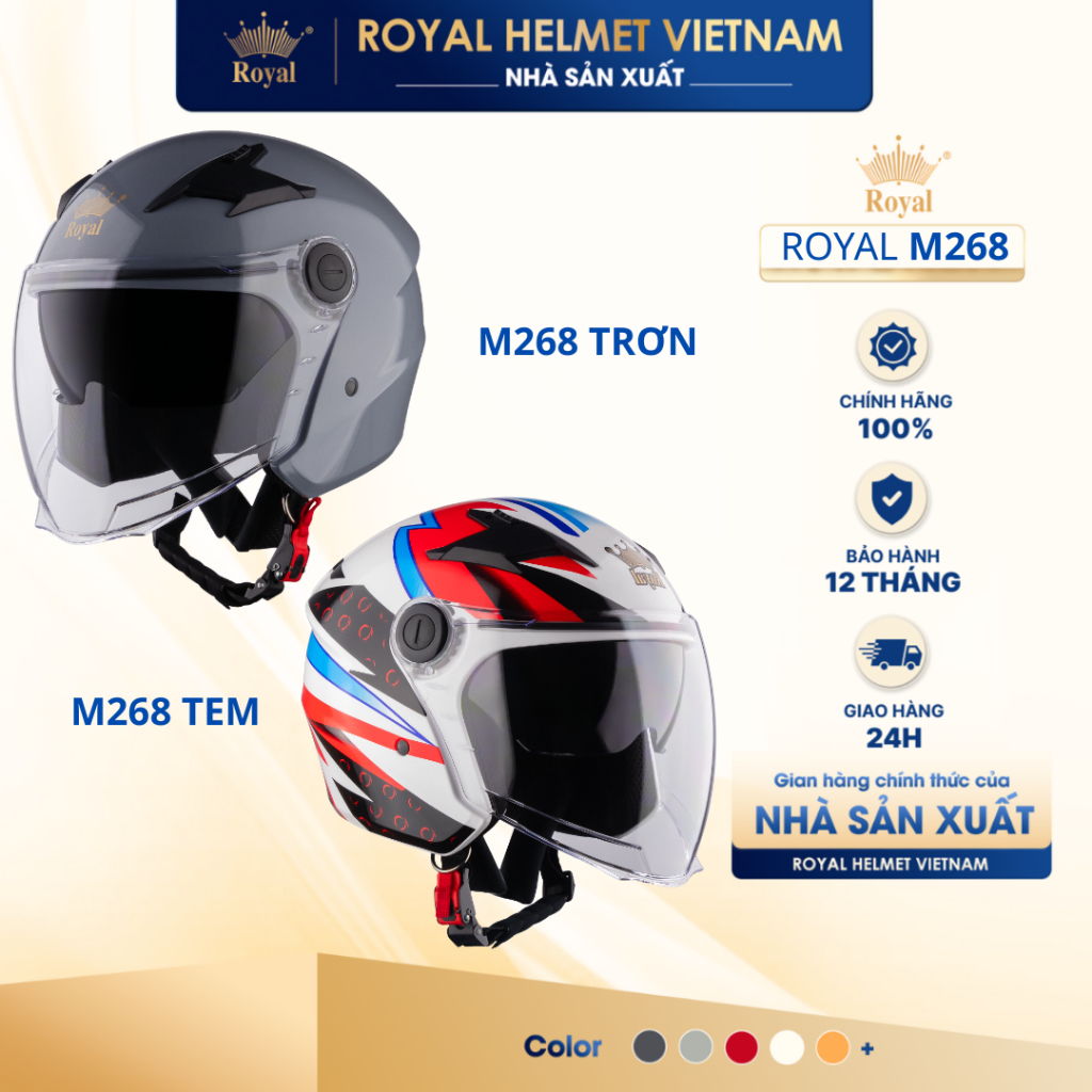 [NHÀ SẢN XUẤT] Series Mũ Bảo Hiểm 3/4 Đầu M268 Trơn và M268 Tem 2 Kính Có Kính Râm Bảo Hành 12 Tháng