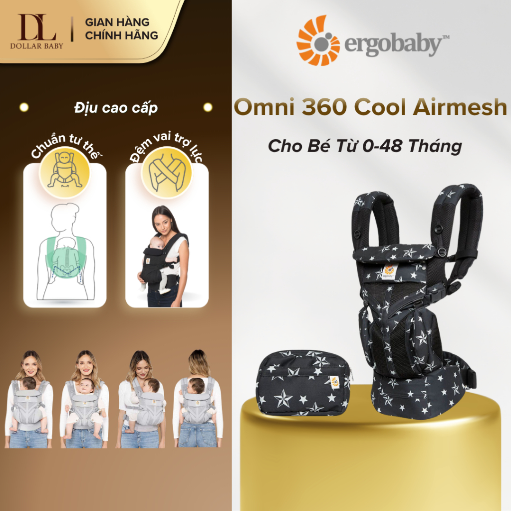 Địu Ergobaby Omni 360 Cool Air Mesh - Lưới Cool Air, Tốt Cho Hông Bé, Chuẩn IHDI - Chính hãng Mỹ