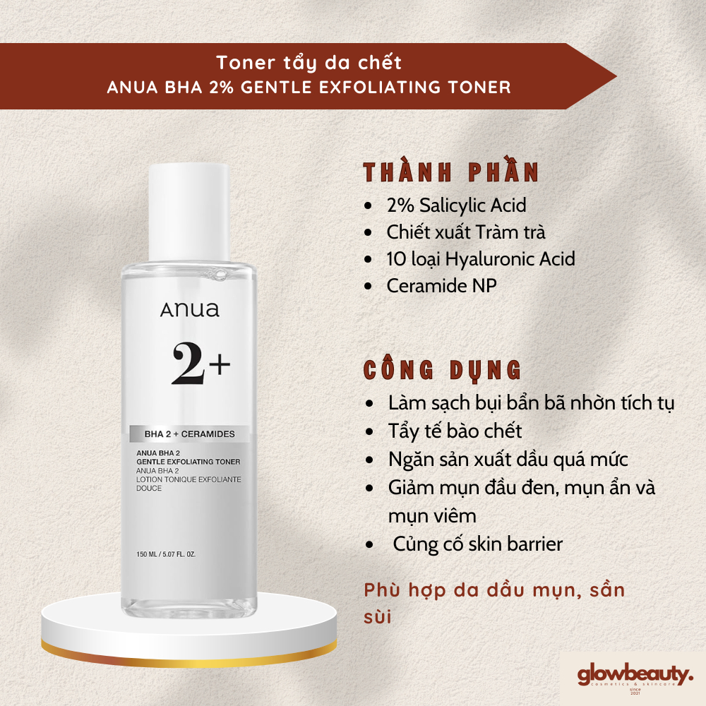 Toner tẩy da chết 150ml  ANUA BHA 2% GENTLE EXFOLIATING TONER [Glow Beauty] [Hàng có sẵn]