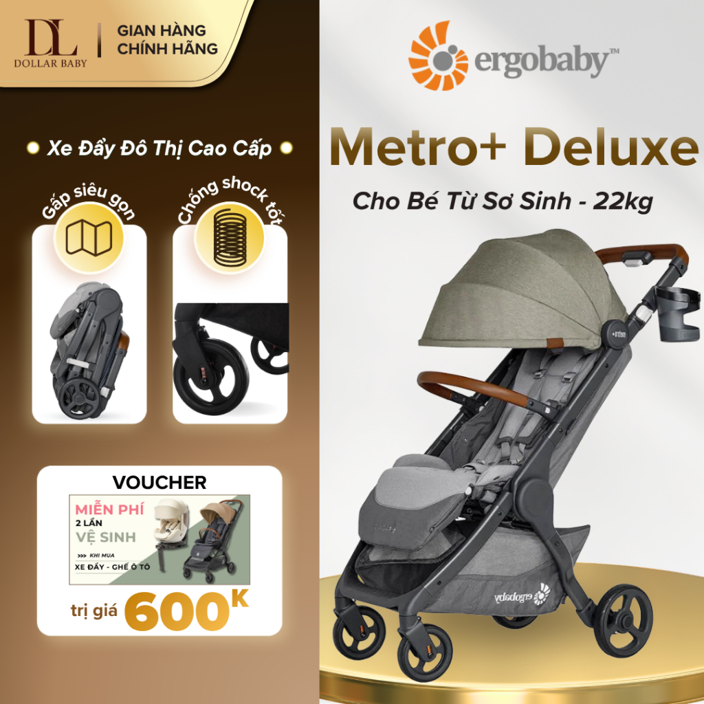 Xe Đẩy Ergobaby Metro + Deluxe - Gấp Siêu Gọn, Siêu Nhẹ, Tay Lái Điều Chỉnh - Chính Hãng Mỹ!