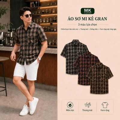 Áo Sơ mi kẻ nam Gran MKCLEVER Chất kẻ lạnh Hàn mềm mịn, thoáng mát, chống nhăn, form rộng mặc hằng ngày