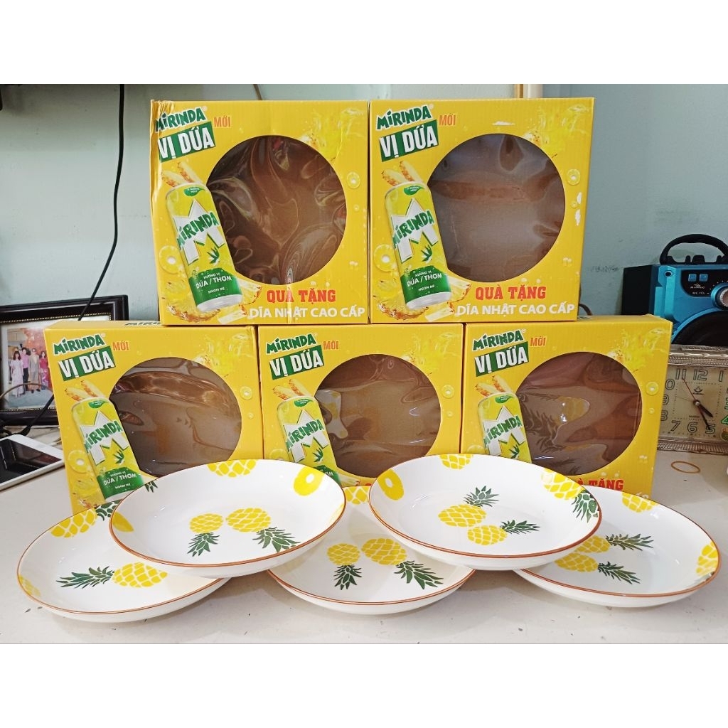 Set 5 dĩa gốm tráng men in hoa văn dày dặn 20cm ( Quà tặng Mirinda)