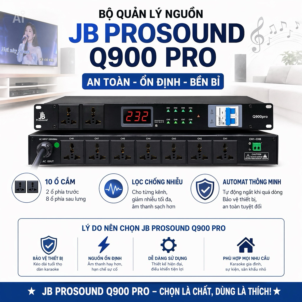Bộ Quản Lý Nguồn JB Prosound Q900 Pro 10 Ổ Cắm, Có Lọc Chống Nhiễu Cho Từng Kênh, Automat Tự Động Ng