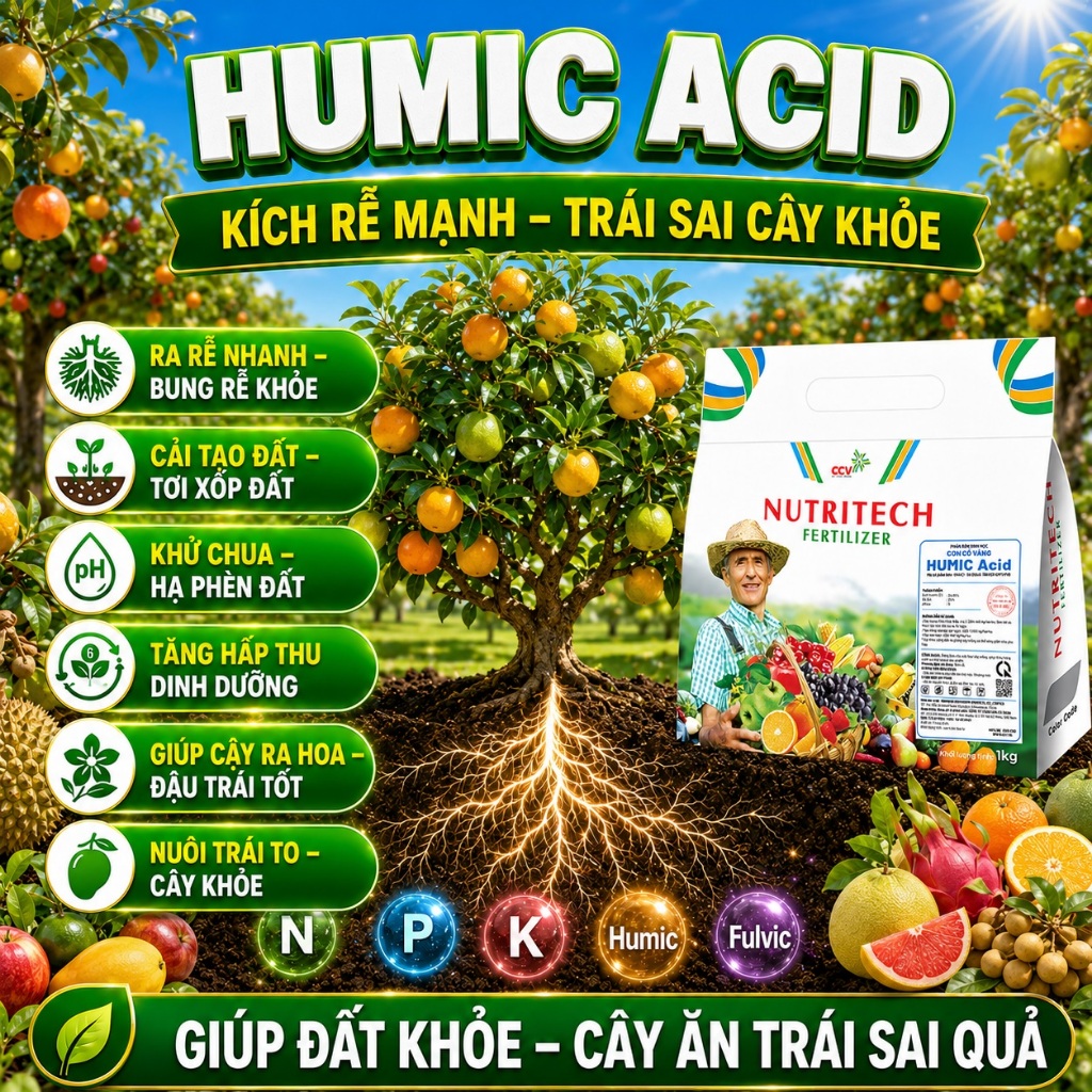[Bán chạy] Phân bón Humic Con Cò Vàng - Kích rễ mạnh, cải tạo đất, giải độc hữu cơ, tơi xốp thoáng khí - Gói 1kg