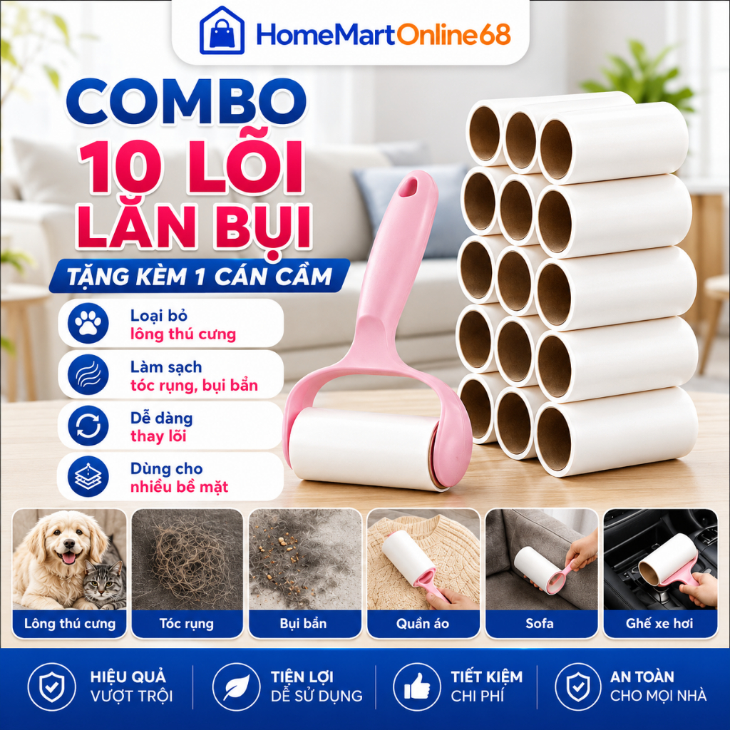 ( ComBo 10 Lõi + Tặng 1 Cán ) Cây Lăn Bụi Quần Áo, Ga Giường, Sofa lõi thay thế 10cm
