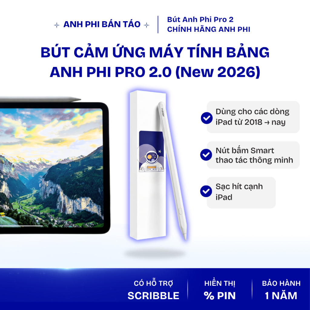 [NEW 2026] Bút cảm ứng iPad Pencil Pro 2.0 chống tỳ đè, hỗ trợ iPad Gen/Air/Pro/Mini (2018+) | Anh Phi Bán Táo