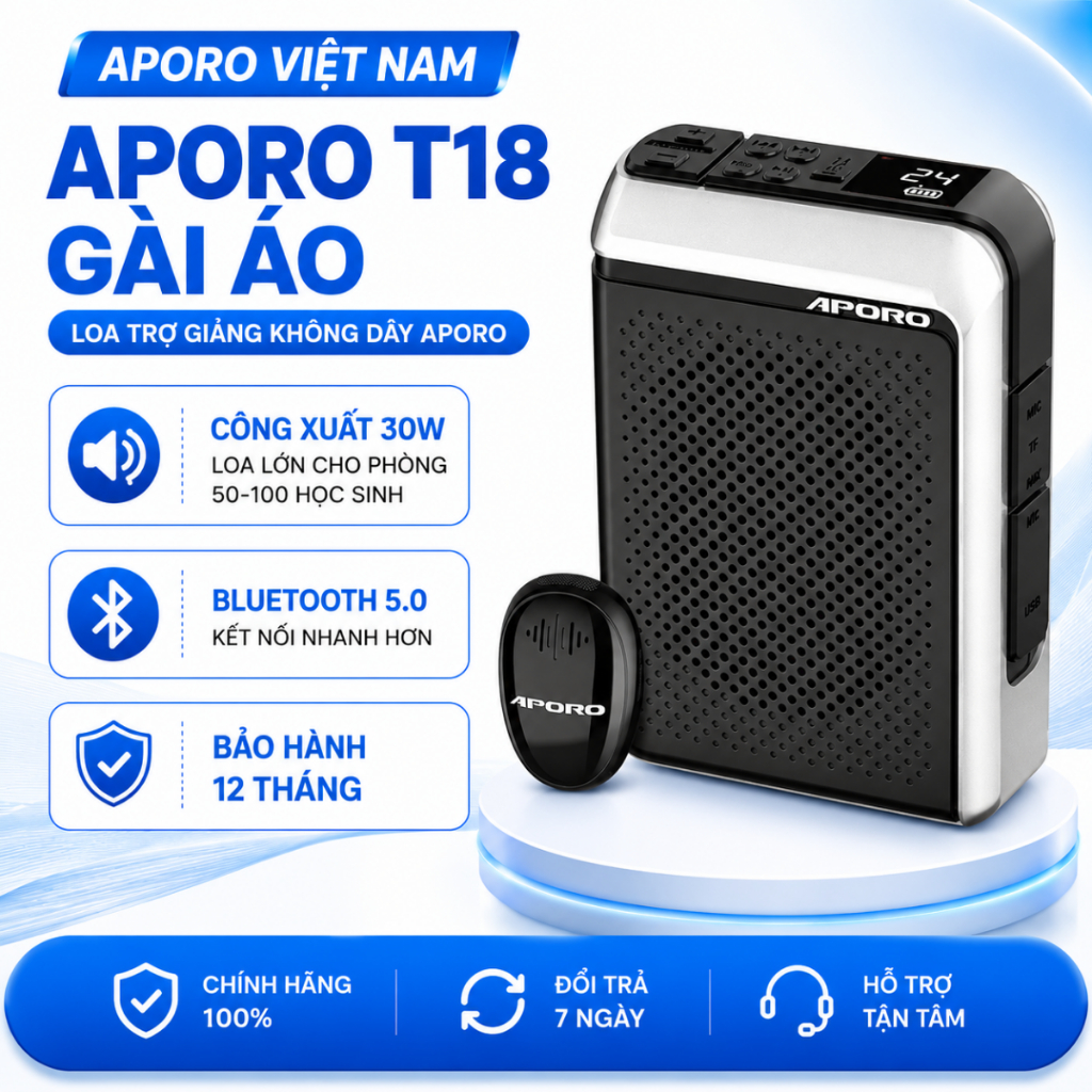 Loa trợ giảng không dây APORO T18 cài áo Âm Thanh Mạnh Mẽ – Công Suất 30W