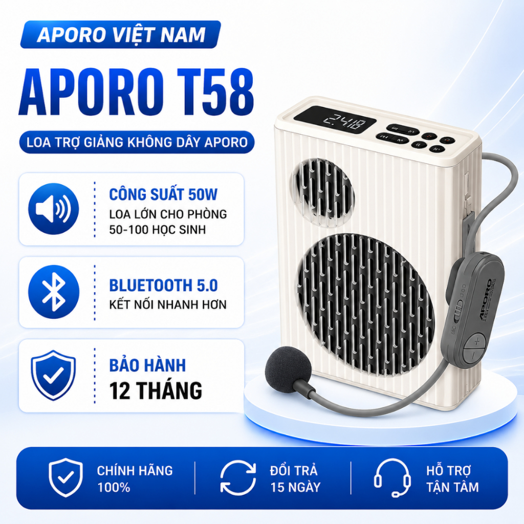 Máy Trợ Giảng Aporo T58 2.4G – Công Suất Lớn 50W, Pin Khủng, Sạc Nhanh, Chất Âm Tuyệt Vời
