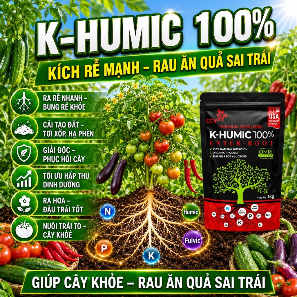 [CHÍNH HÃNG] Phân bón K-Humic Con Cò Vàng chuyên cho các loại cây trồng, kích rễ, phục hồi đất, giải độc, khử phèn, 1kg