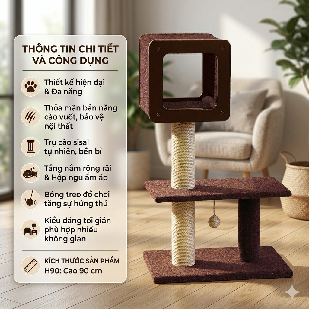 Tháp Mèo Cào Móng Cattyman Cat Tree H90 - Cattree H90 CattyMan Cho Mèo Leo Trèo, Vận Động, Siêu Bền