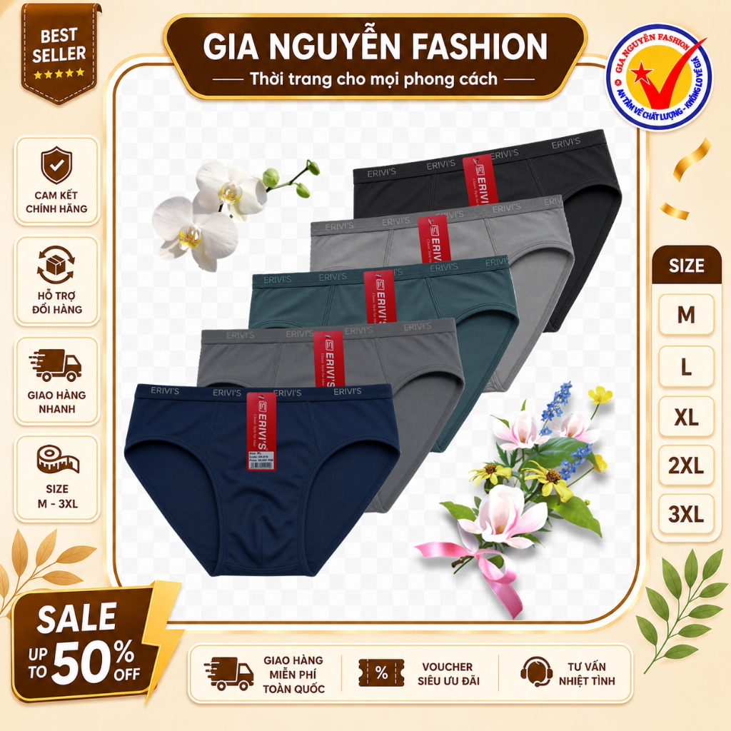 Combo 5 Quần lót nam Erivi's, Quần sịp nam thun lạnh cao cấp, lưng bản nhỏ - Hàng Việt Nam chất lượn