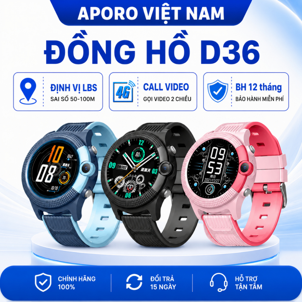 Đồng Hồ Thông Minh Trẻ Em D36 – Lắp Sim Nghe Gọi 2 Chiều, Video Call, Kháng Nước, Có Tiếng Việt – BH