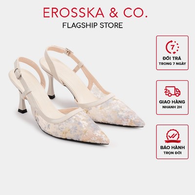 [EROSSKA] - Giày cao gót slingback gót nhọn họa tiết hoa thanh lịch cao 7cm màu xanh   - EH077