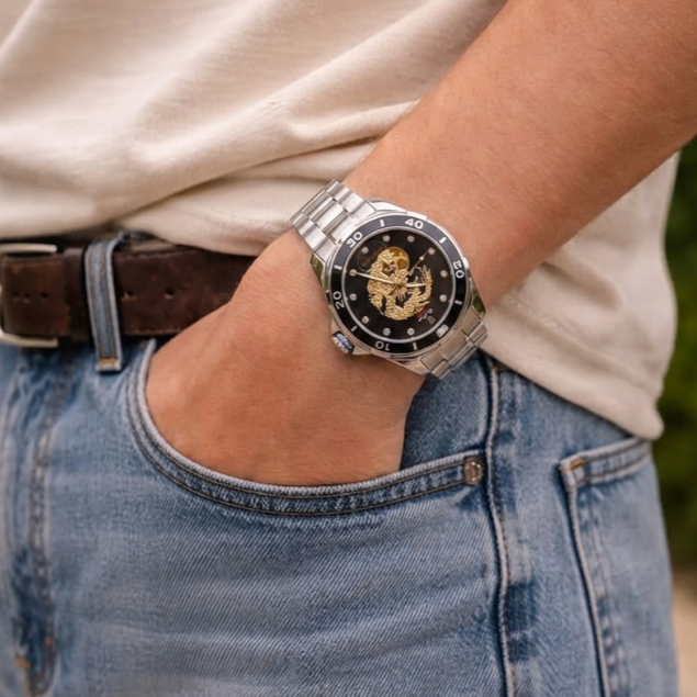 Đồng Hồ Nam Automatic 8215 Oasis Pacifier OP Mặt Rồng 3D Nét Đẹp Dây Thép Không Gỉ Size 44mm