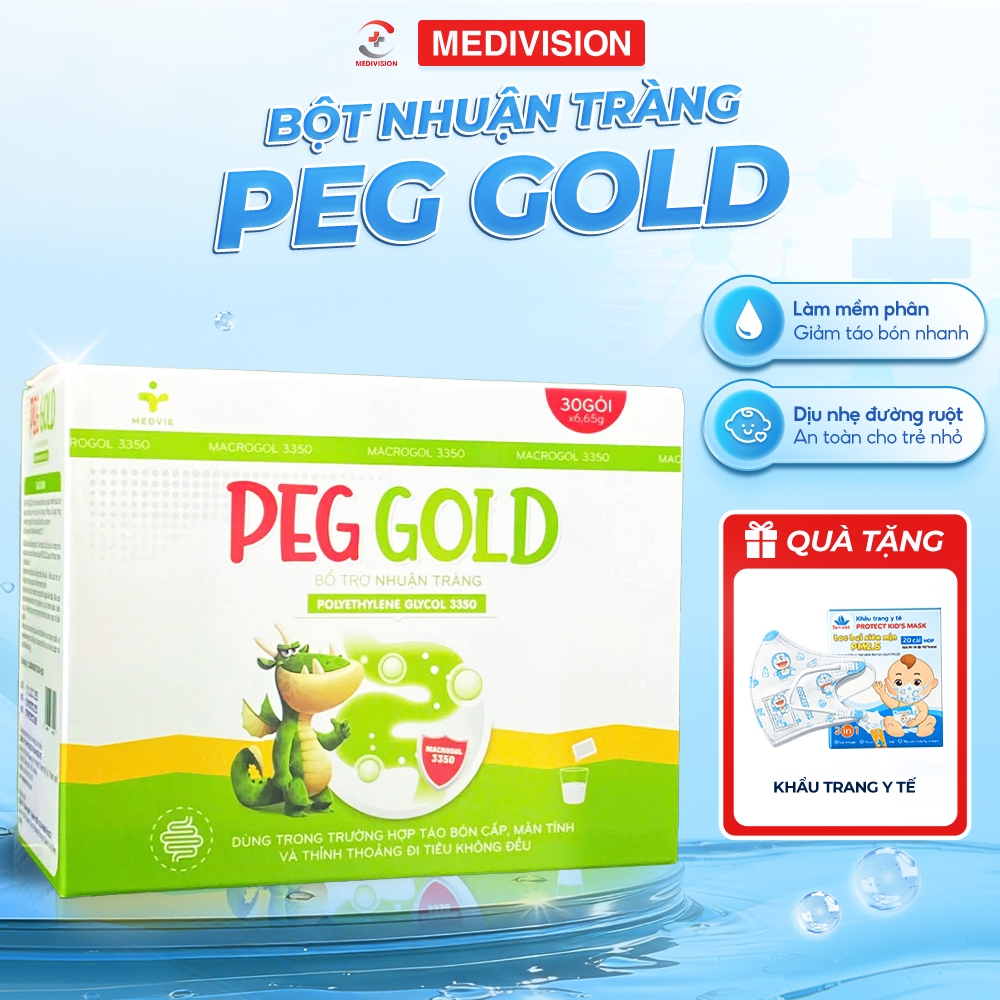 (Hộp 30 Gói) PEG GOLD Bột Nhuận Tràng, Hỗ Trợ Giảm Táo Bón Cấp, Mạn Tính, Đi Tiêu Không Đều, An Toàn
