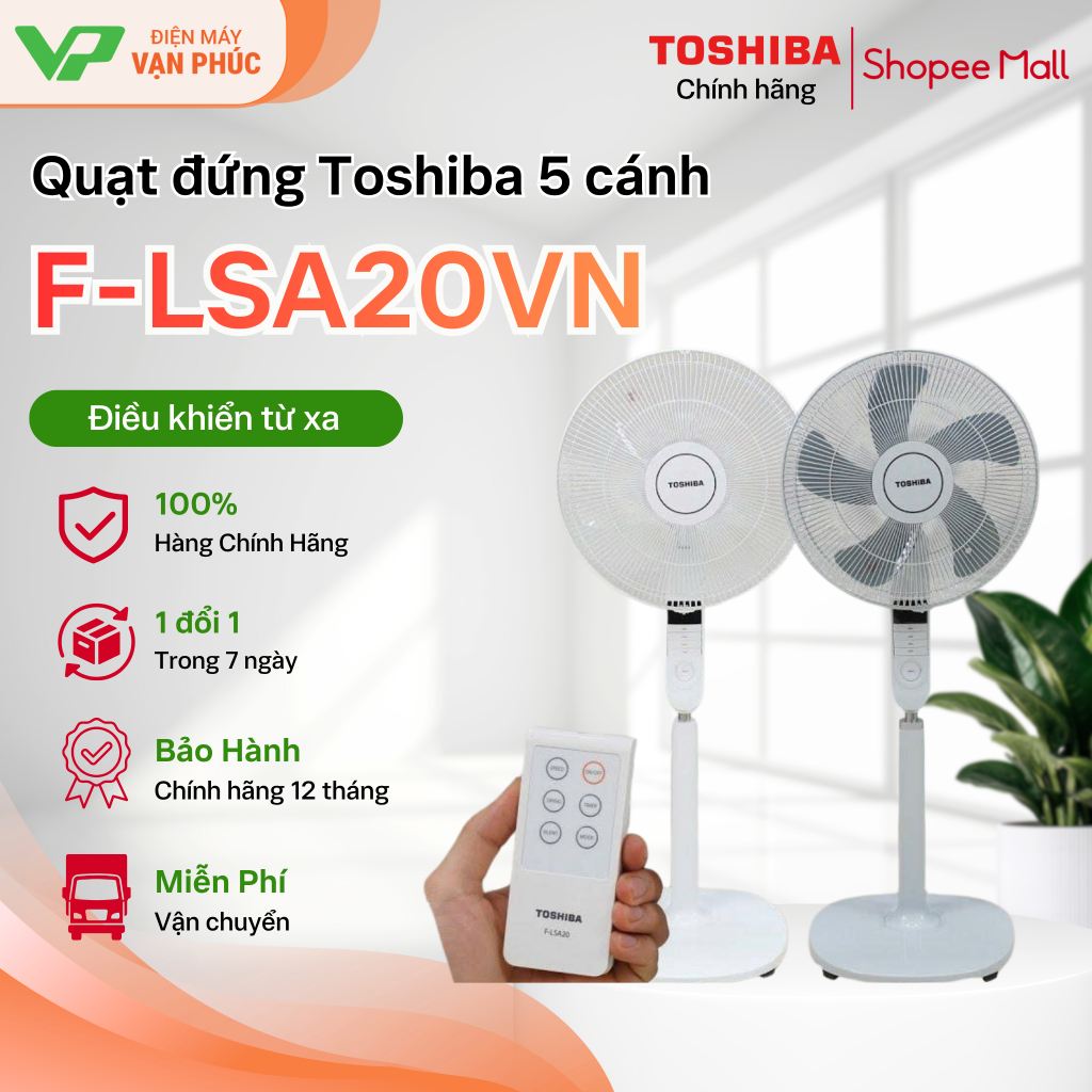 Quạt đứng Toshiba F-LSA20VN 5 cánh - remote, hẹn giờ, bảo hành hãng 12 tháng