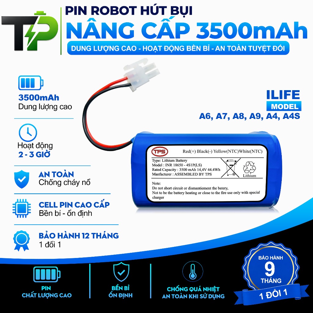 (DUNG LƯỢNG 3500 mAh) PIN  ROBOT HÚT BỤI ILIFE A6/ A7/ A8/ A9/ A4/ A4S NÂNG CẤP BẢO HÀNH 9 THÁNG
