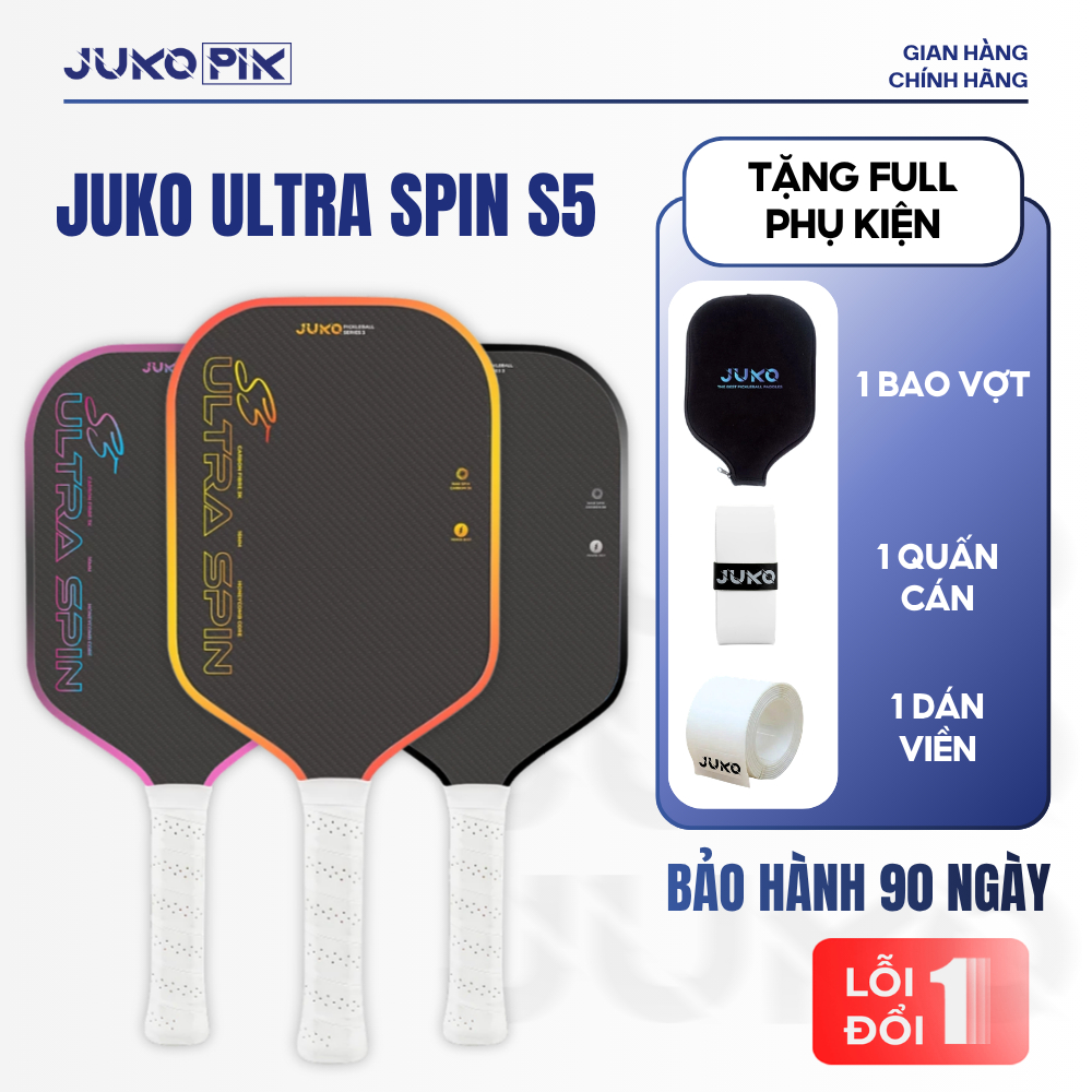 Vợt Pickleball JUKO ULTRA SPIN S5 Mặt Carbon Flex 3K Siêu Nhám, Lõi Tổ Ong Đen, Siêu Nhẹ, 16mm