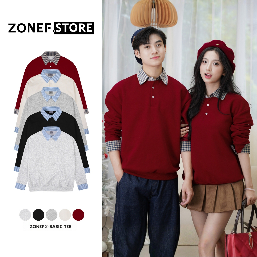 Áo Sweater Dài Tay ZONEF STORE Phối Sơ Mi Kẻ Xanh Nhạt Liền Thân Chất Liệu Nỉ 2 Da Unisex