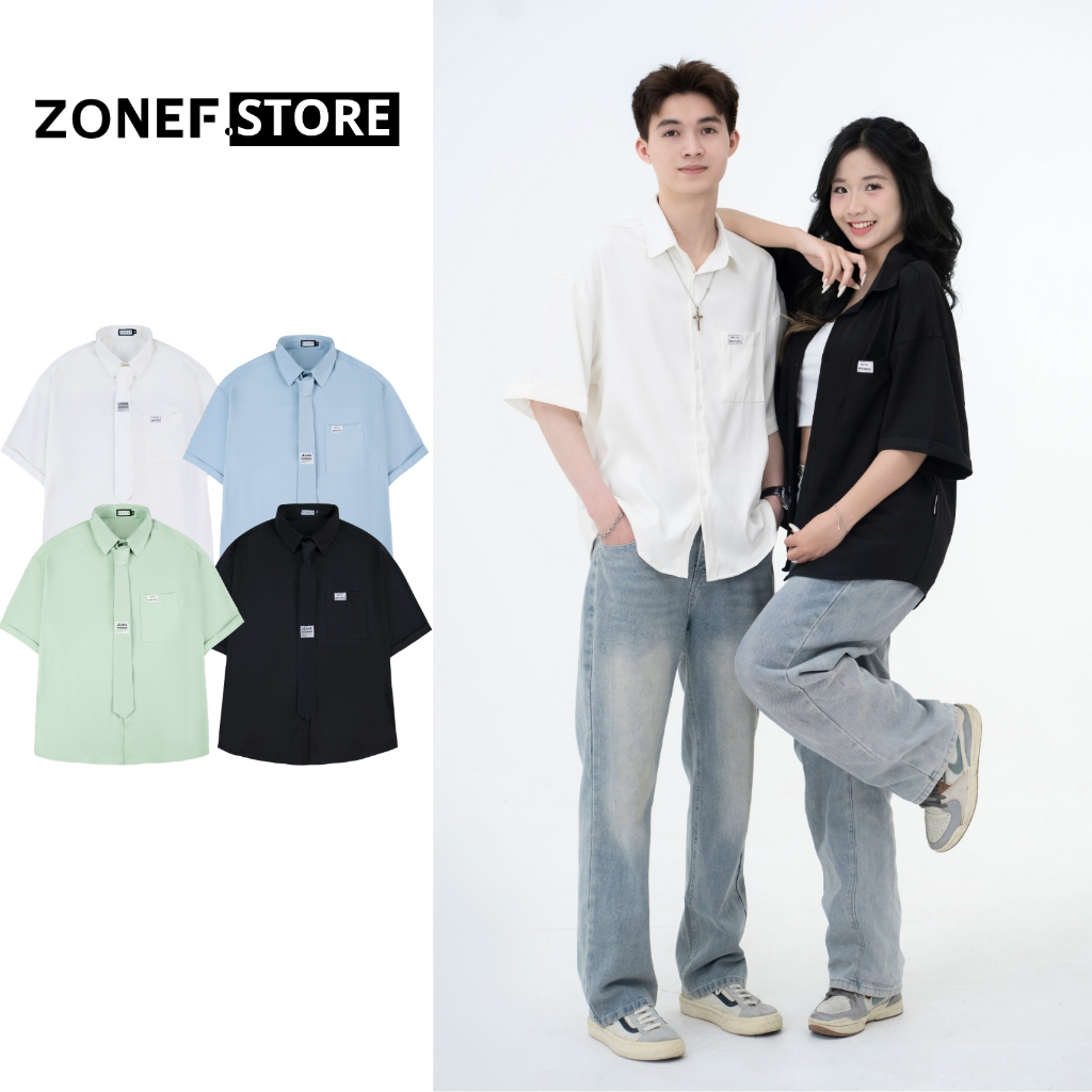 Áo Sơ Mi Nam Ngắn Tay Phối Cà Vạt Oversize ZONEF STORE, Cộc Tay Nam Caravat Form Rộng, Basic, Phong 