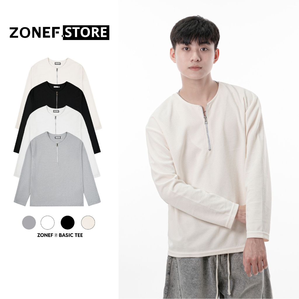 Áo Thun Nam Dài Tay Phối Khóa Zip Basic ZONEF STORE, Chất Liệu Cotton Tổ Ong Thời Trang Nam Nữ TDZ