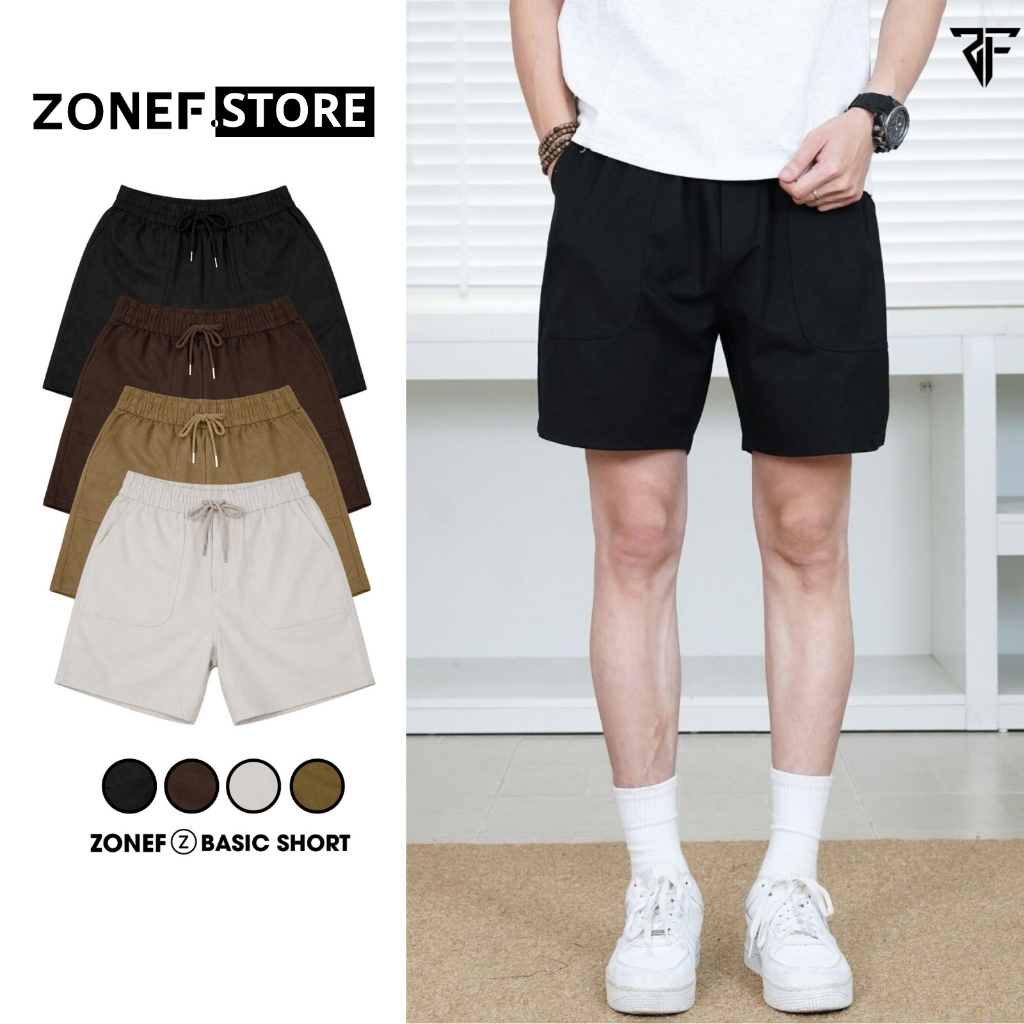 Quần Short Kaki Phối Túi Ốp Cạp Chun ZONEF CLUB Form Trên Gối, Quần Short Nam Nữ Unisex Chất Liệu Ka