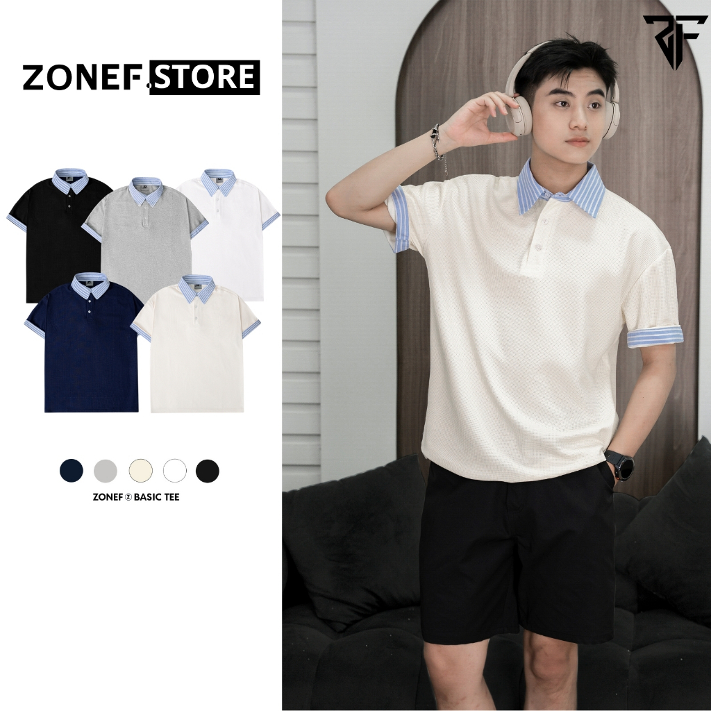 Áo Polo Ngắn Tay Phối Sơ Mi Kẻ Sọc Xanh ZONEF STORE Áo Phông Vải Cotton Tổ Ong Cao Cấp Thoáng Mát Na