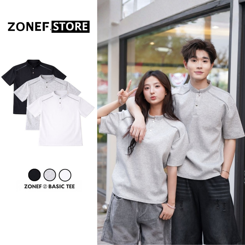 Áo Thun Cổ Tàu Phối Khoá Vai ZONEF CLUB Form Oversize, Áo Thun Nam Nữ Unisex Chất Vải Cotton Hàn Mềm