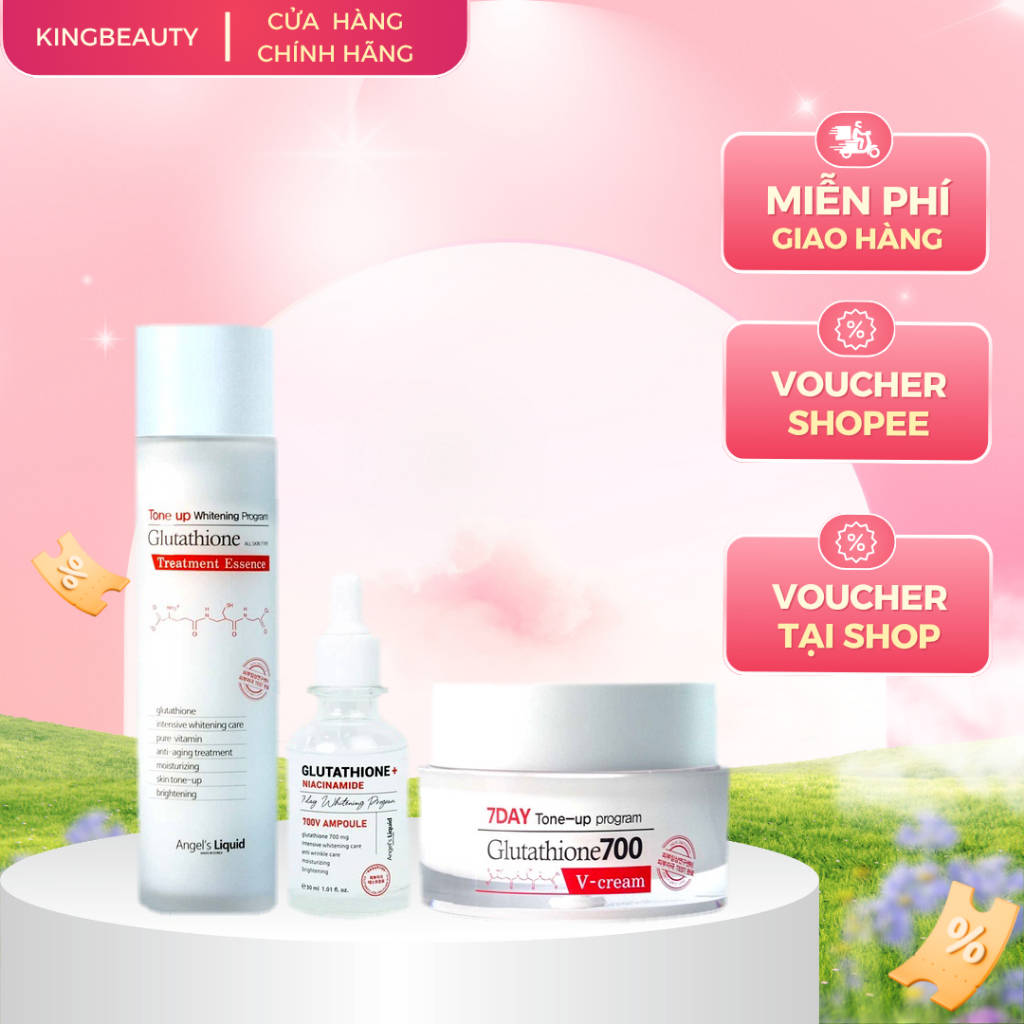 Bộ 3 SP Dưỡng Da Trắng Sáng, Mờ Thâm Nám Angel's Liquid Glutathione700 (TN 150ml & SR +Niacinamide 3