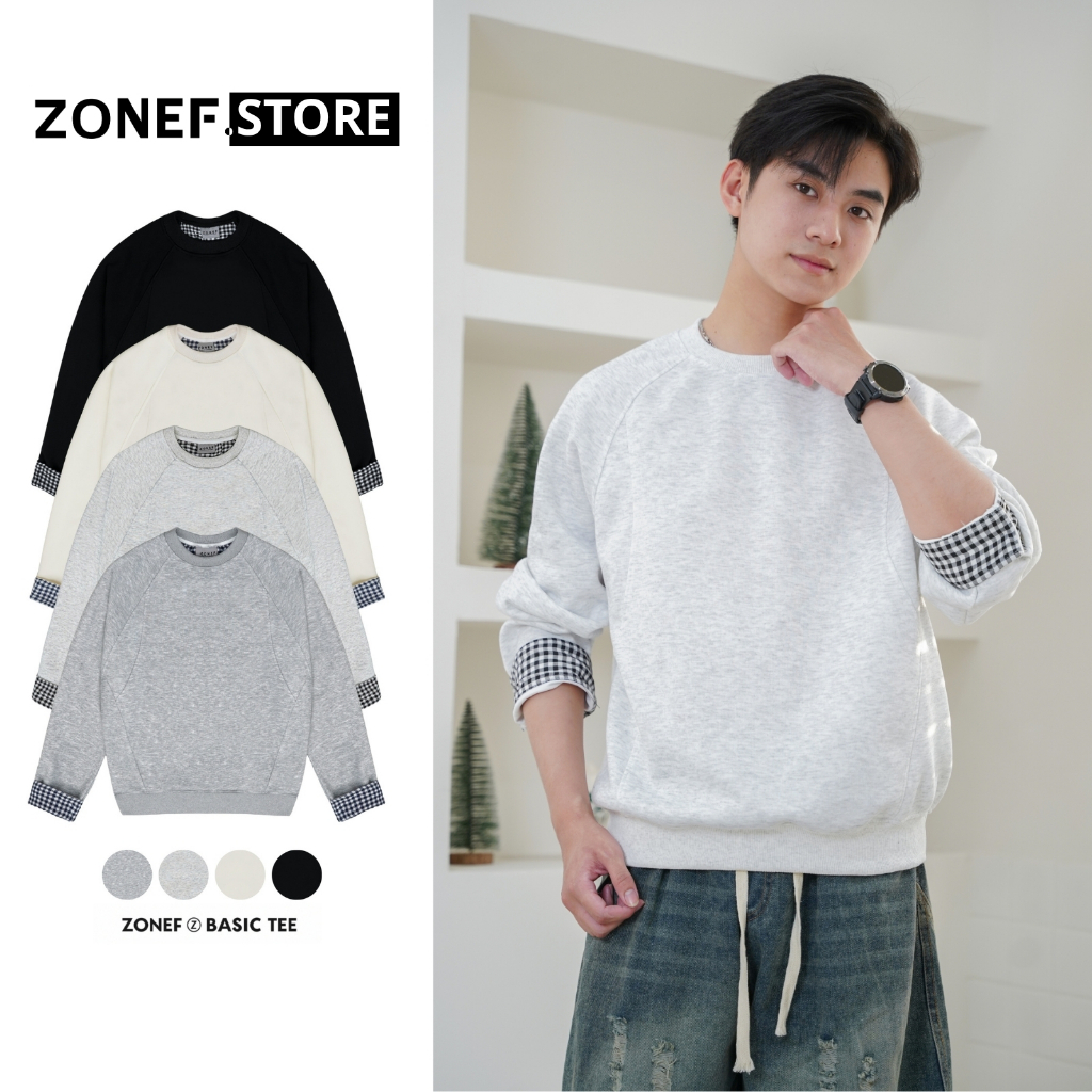 Áo Sweater Cổ Tròn Tay Dài Phối Kẻ Caro ZONEF STORE , Áo Thu Đông Chất Nỉ 2 Da Nam Nữ Form Rộng Unis