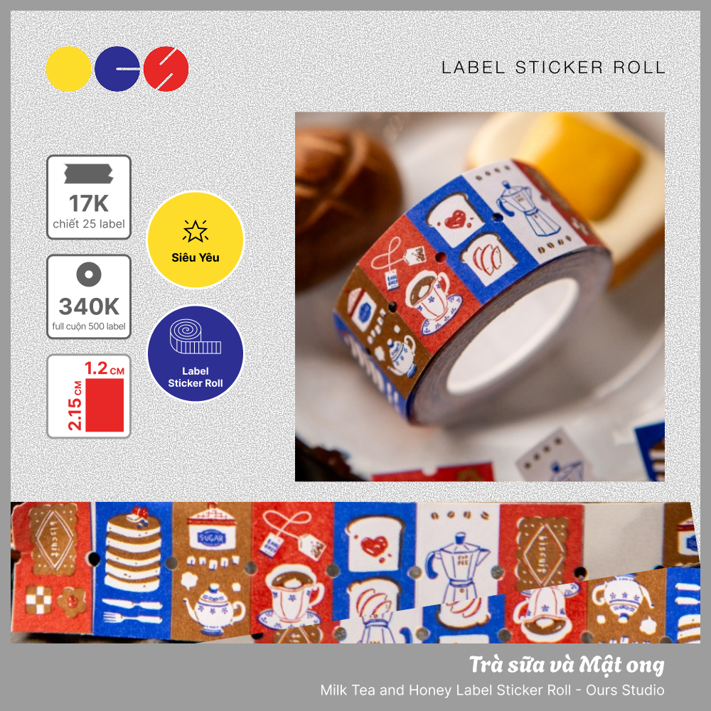 Chiết 25 Sticker nhãn dán - Trà sữa và Mật ong - Ours Studio - Milk Tea & Honey Label Sticker Roll -