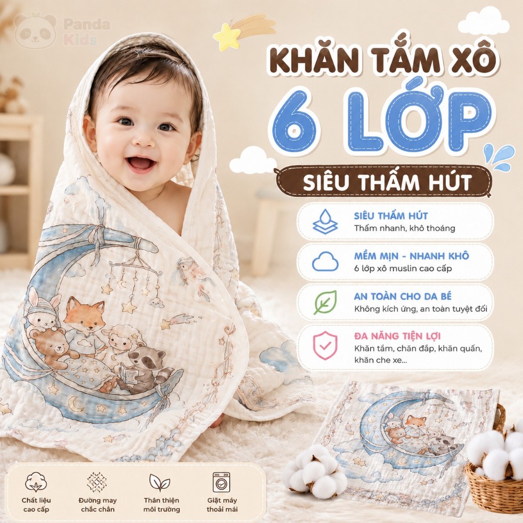 [Siêu Thấm Hút] Khăn Tắm Xô Panda Kids Cho Bé, Nhanh Khô Mềm Mại Họa Tiết Cổ - HT834 - HT618 Tích - 