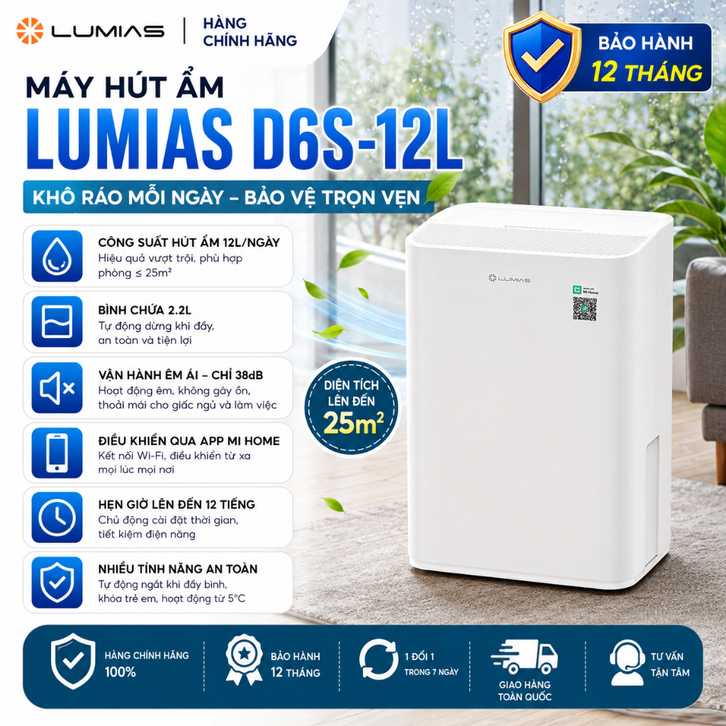 Máy Hút Ẩm Lumias D6S-12L/D6S-20L Điều Khiển App Mi Home Phòng 25-50m² Chính Hãng