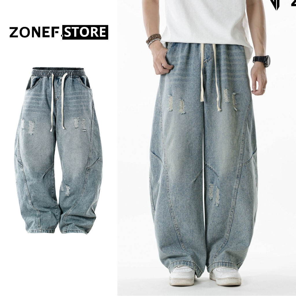 Quần Jean Ống Cong Form Rộng ZONEF STORE RETRO Cạp Chun Quần Bò Nam Nữ Unisex Phong Cách Streetwear