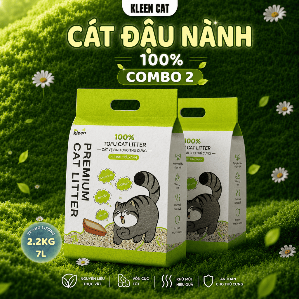 Combo 2 túi Cát Vệ Sinh Cho Mèo Đậu Nành Hữu Cơ Kleen Cat, Cát Mèo Tofu Organic Tan Trong Nước
