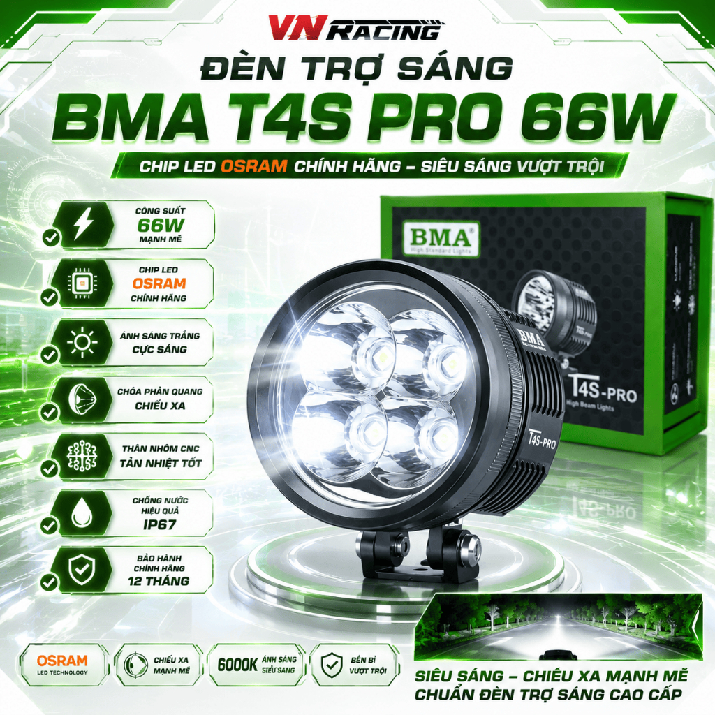 Đèn Trợ Sáng BMA T4S Pro 60W Chiếu Xa 500M Ánh Sáng Trắng Siêu Gom Chính Hãng Bảo Hành 12 Tháng