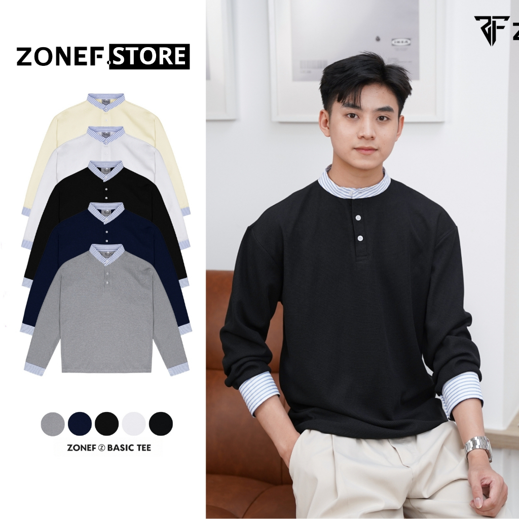 Áo Thun Dài Tay Cổ Tàu Phối Sơ Mi Kẻ Sọc Xanh ZONEF STORE Vải Tổ Ong, Áo Thun Henley Cổ Cúc Dài Tay 