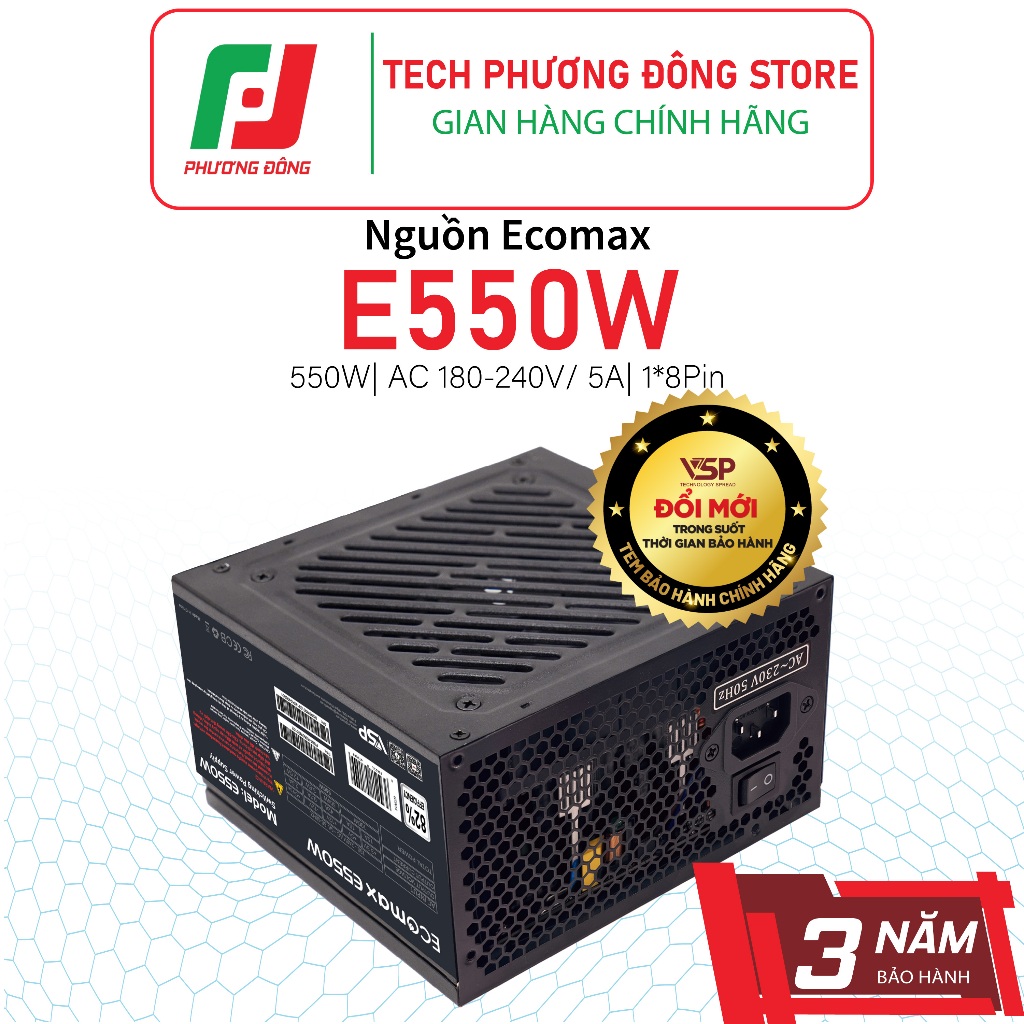 Nguồn Máy Tính VSP EcoMax E550W 550W  82% Efficiency Japanese Capacitors | Chính Hãng | Bảo Hành 36 
