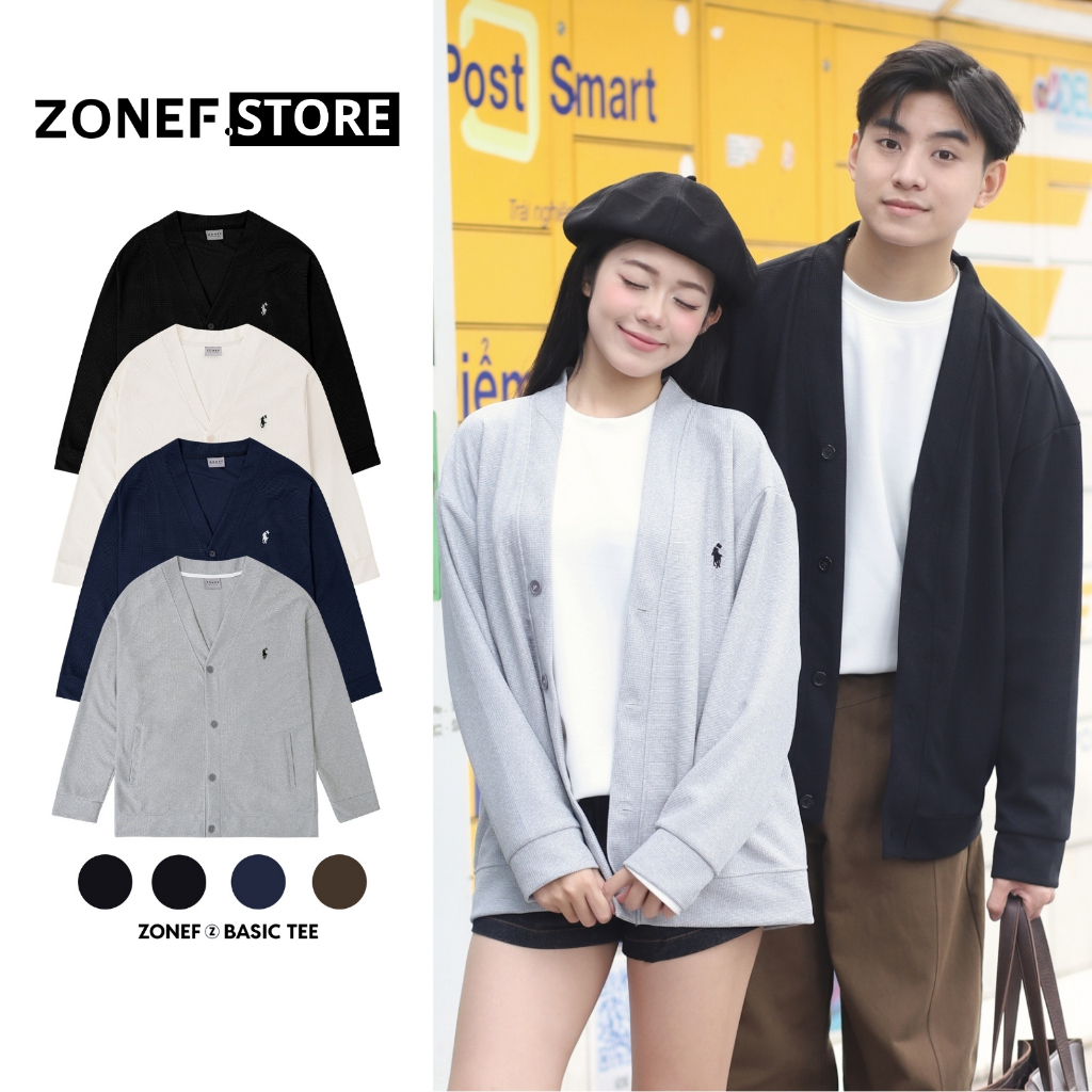 Áo Khoác Cardigan Thu Đông Thêu Ngựa ZONEF STORE Phong Cách Hàn Quốc Chất Vải Cotton Tổ Ong Nam Nữ U