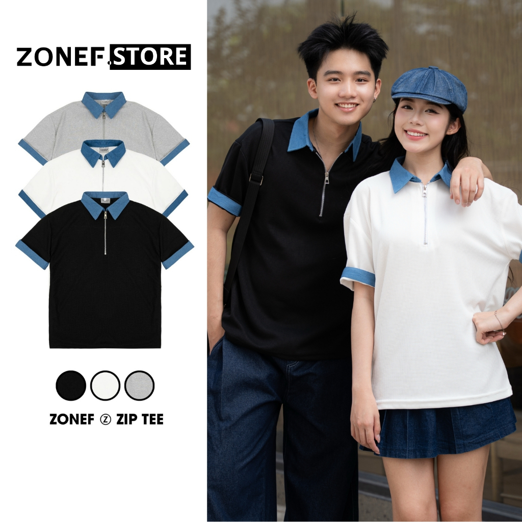 Áo Polo Cổ Zip Phối Sơ Mi Jean ZONEF STORE Polo Cổ Bẻ Nam Nữ Unisex Vải Cotton Tổ Ong Thoáng Mát Năn